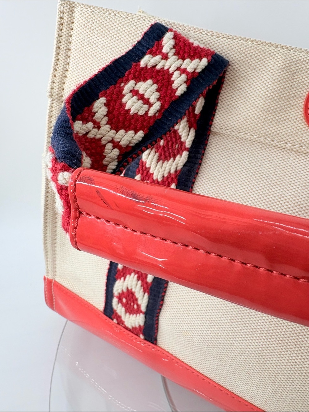Tory Burch Canvas Tote Bag Coral Patent Trim Embroidered Straps Beach Summer - Picture 10 of 15